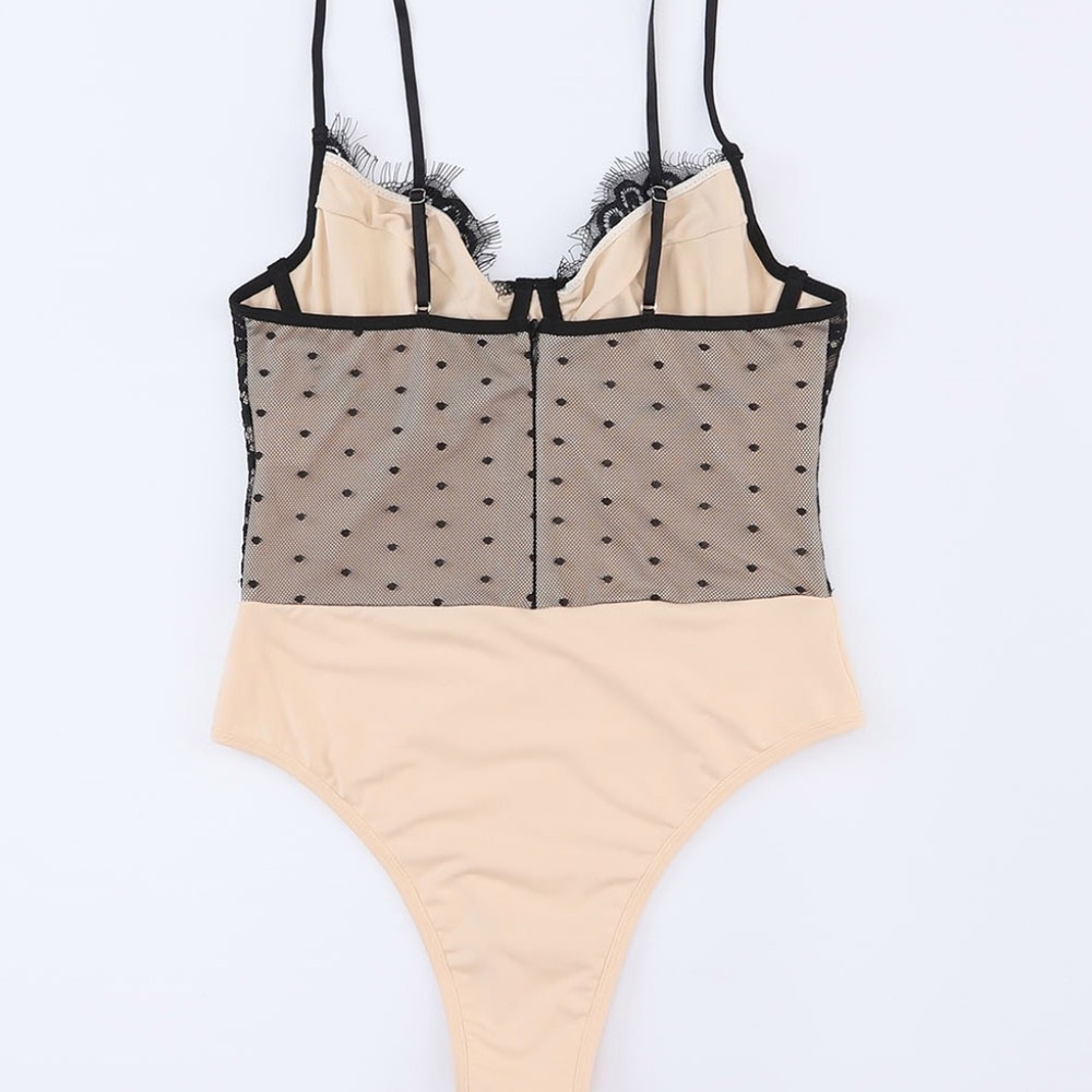 Black Eyelash Lace Trim Dotty Mesh Bodysuit - Picture 7 of 8